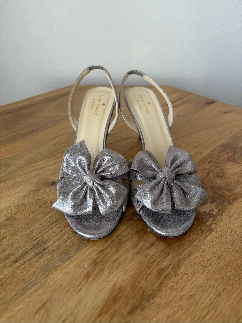 kate spade Metallic Silver Bow Slingback Kitten Heels